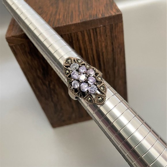 Simulated Tanzanite Marcasite Cluster Large Heavy Cocktail Ring 8 VGC - Picture 2 of 12